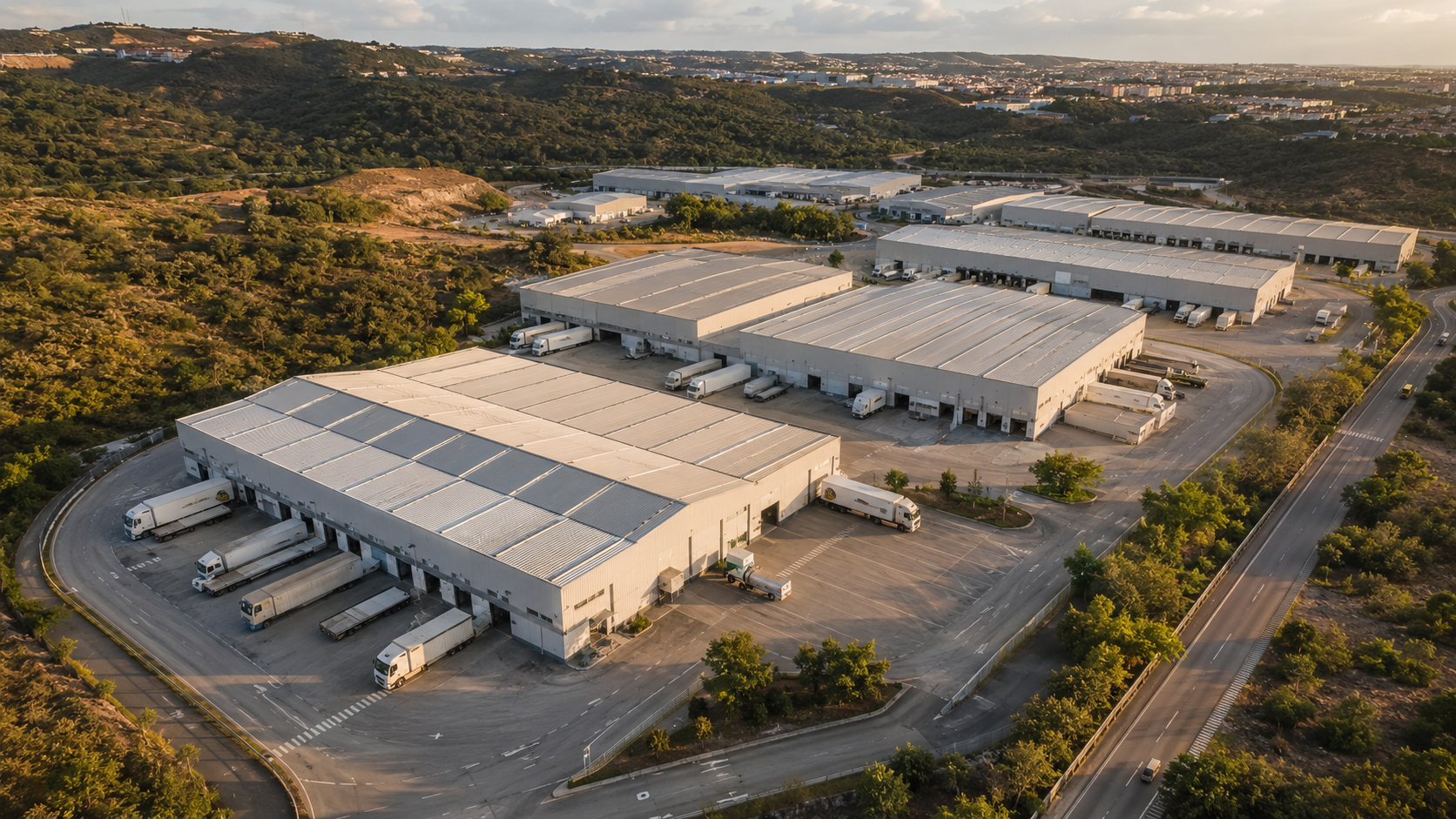 Vista aérea do Sintra Logistics Park ao final do dia