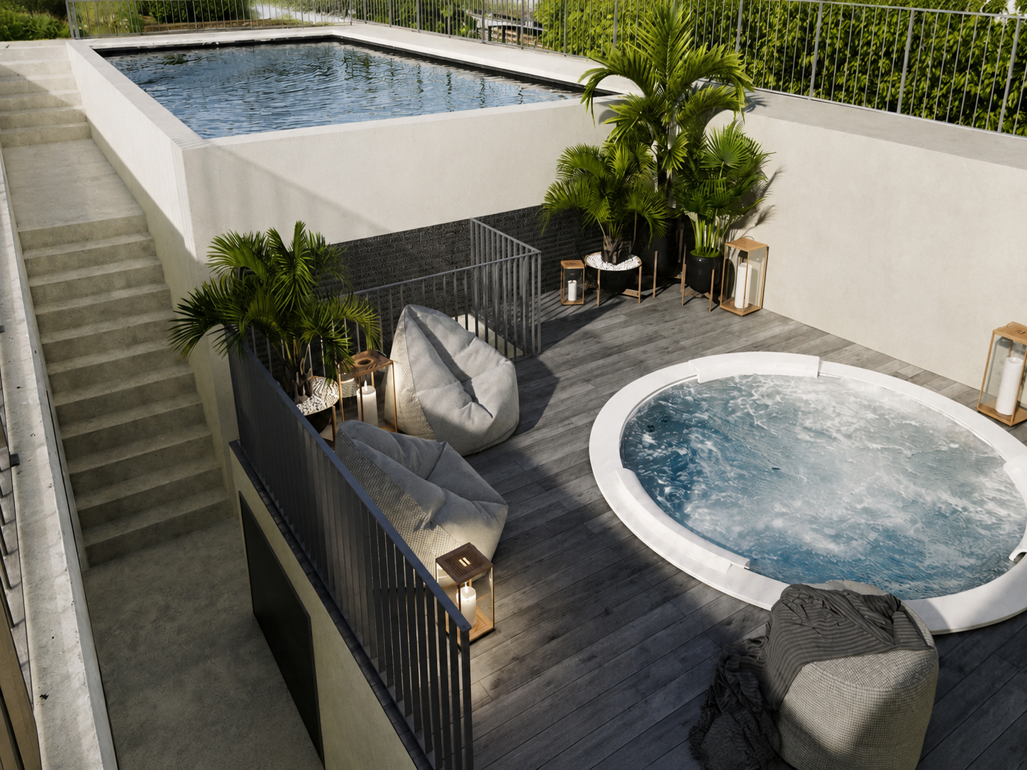 Terraço exterior com piscina e jacuzzi