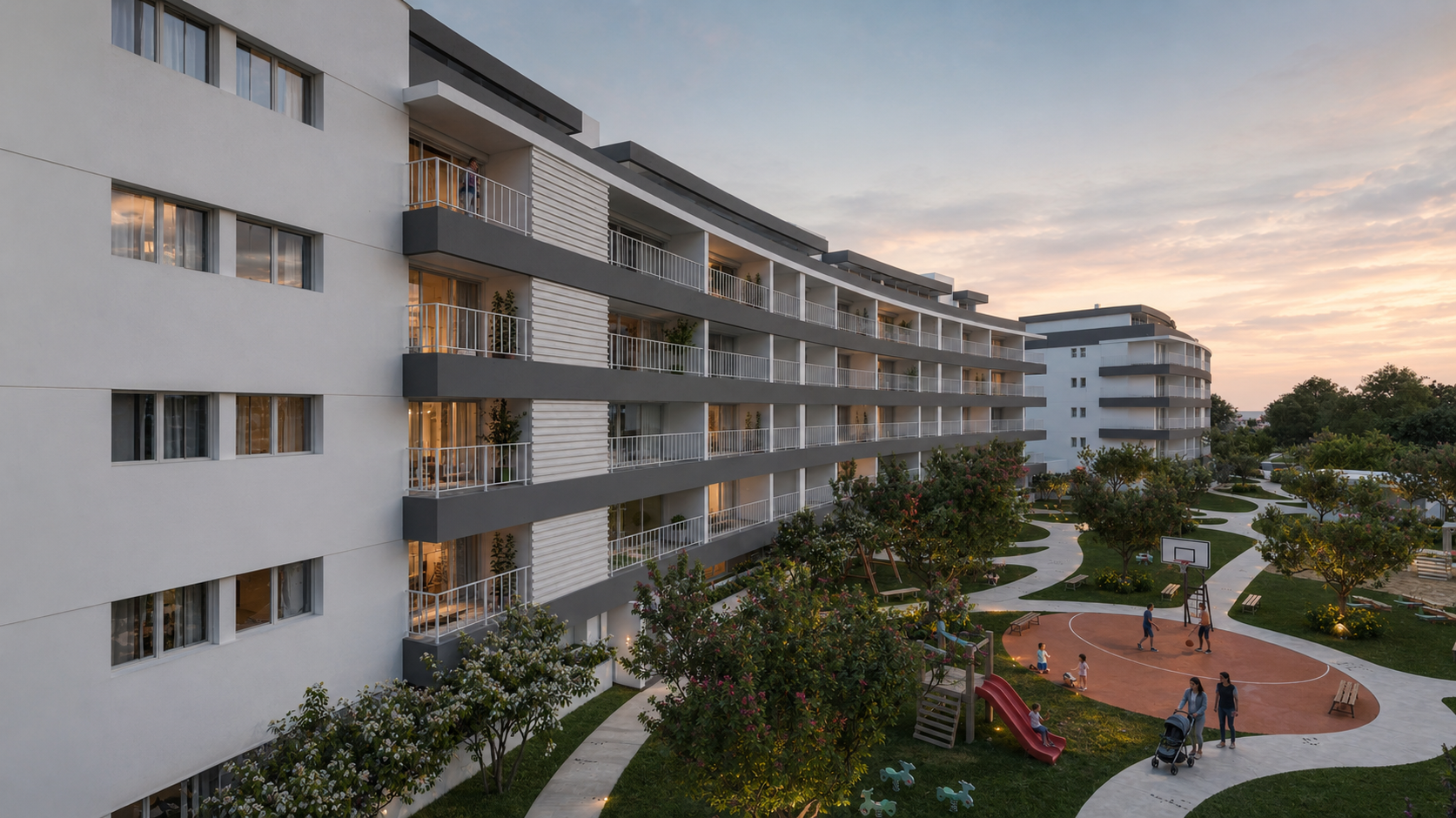 Vila Viva, fachada do edifício e jardins com parque infantil