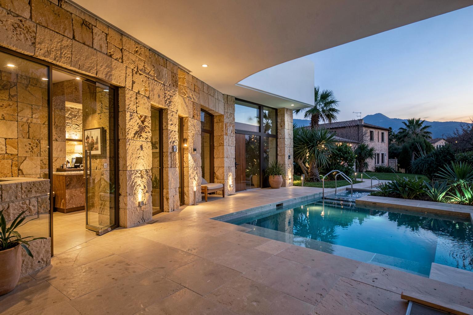 Terraço com piscina de um hotel boutique ao entardecer